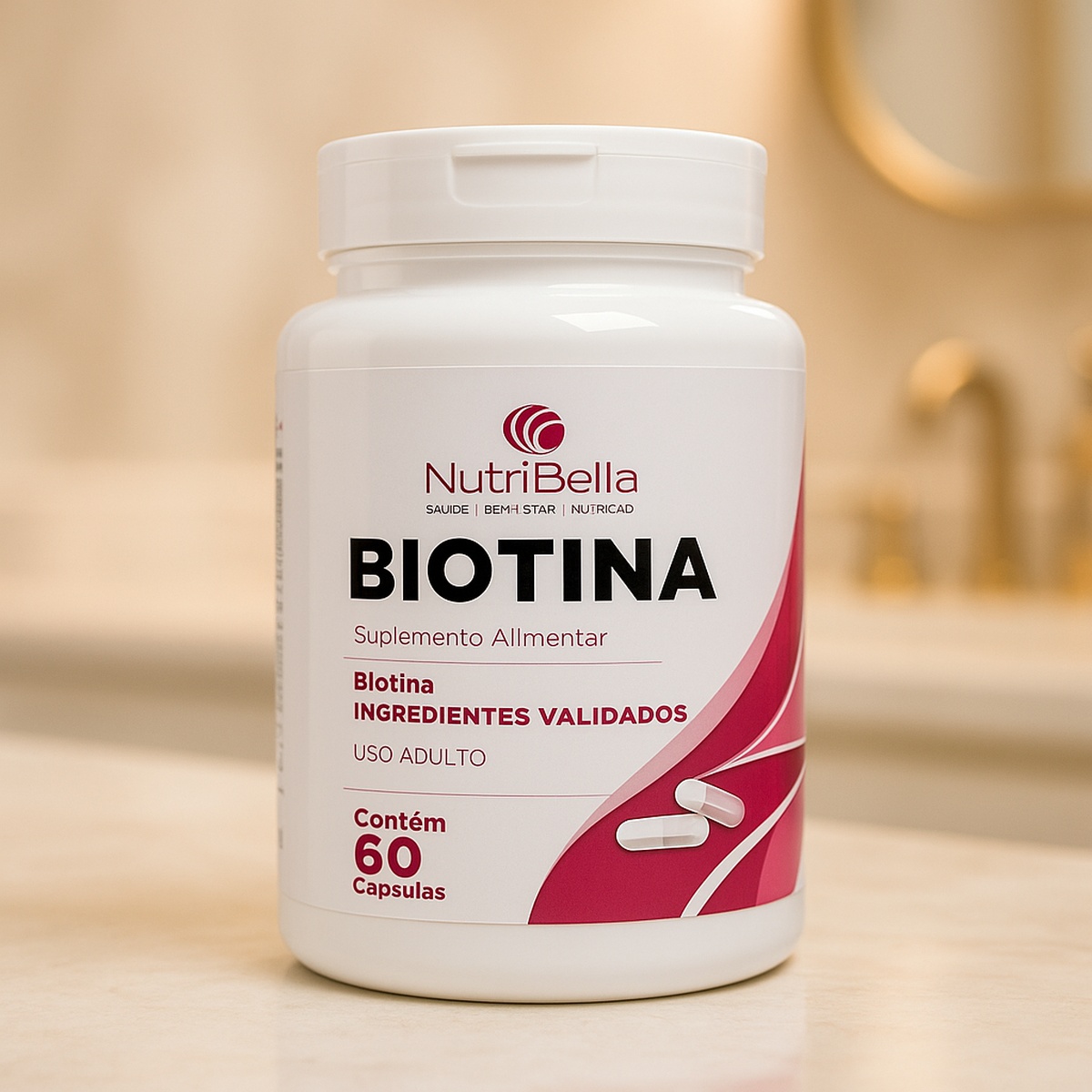 Biotina 100% Pura 60 Caps Cabelos, Pele E Unhas