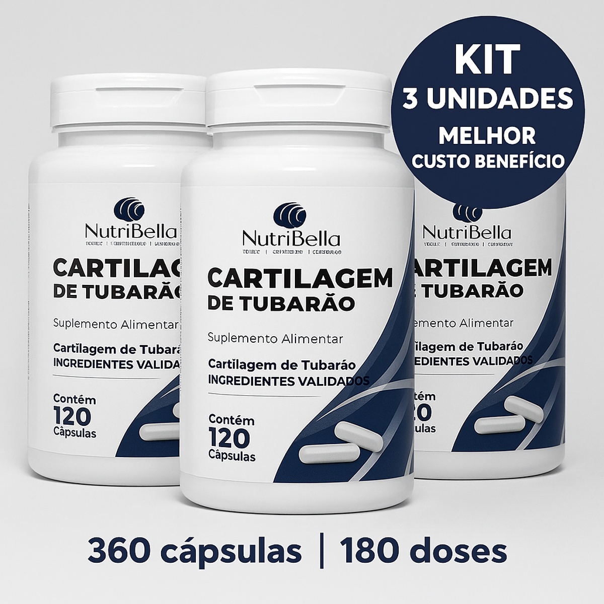 Kit 03 Potes Cartilagem Tubarão Nativ 500mg 120 Caps Sem Sabor