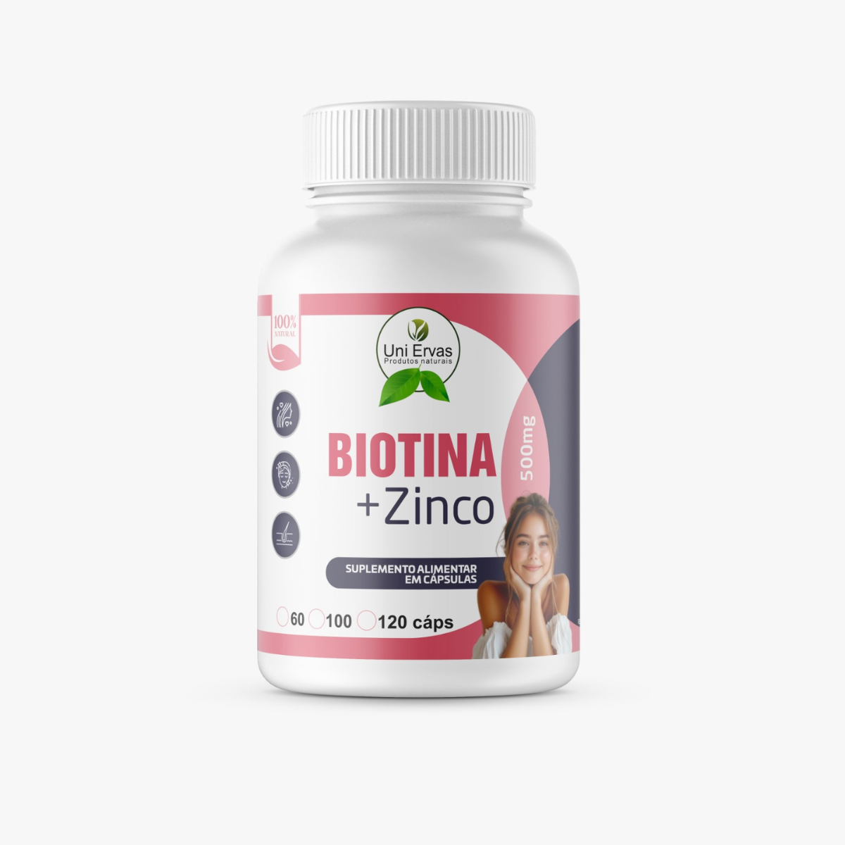 Kit 02 Biotina + Zinco 500mg 60 Cáp Fortalece Unhas, Cabelos e Pele - Metabolismo Energético