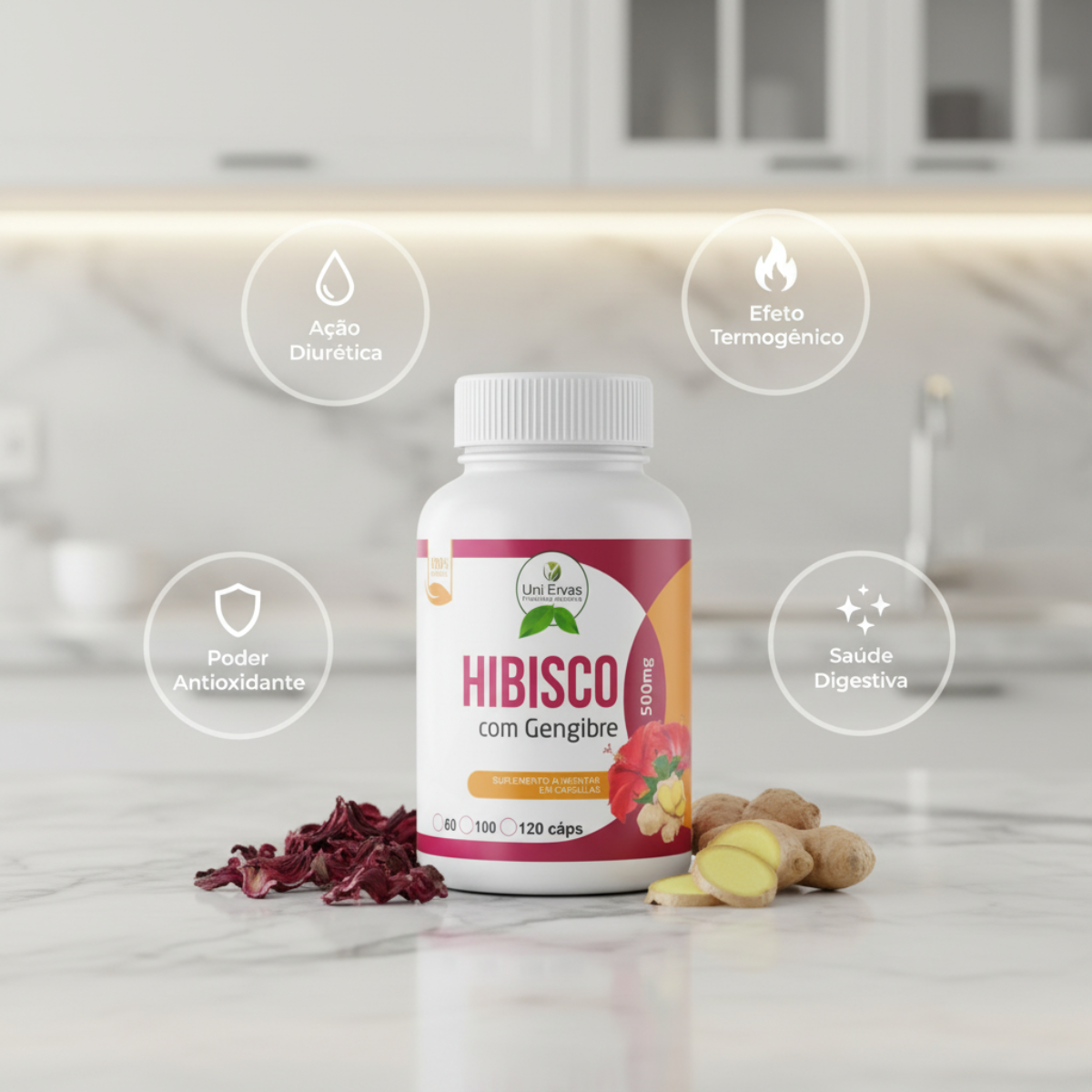 Kit 03 Hibisco 500mg 60 Cáp Extrato Hibiscus Antioxidante Natural Auxilia Controle Peso e Pressão