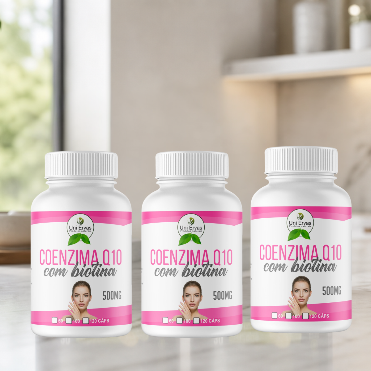 Kit 3 Coenzima Q10 500 mg + Biotina 60 cápsulas — Uni Ervas | Suplemento Energético e Saúde Capilar