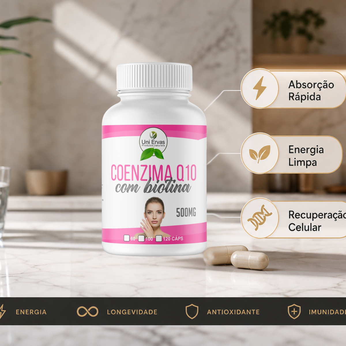 Kit 2 Coenzima Q10 500 mg + Biotina 60 cápsulas — Uni Ervas | Suplemento Energético e Saúde Capilar