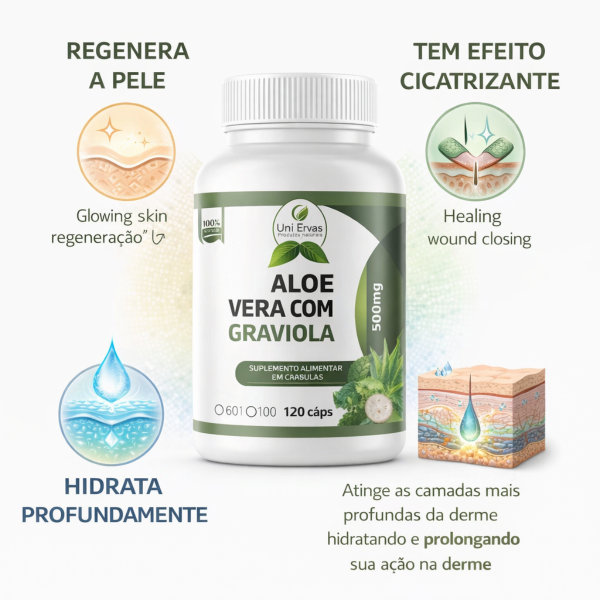 Kit 03 Aloe Vera (Babosa) + Graviola 500mg 60 CápnImunidade, Digestão e Antioxidante Natural